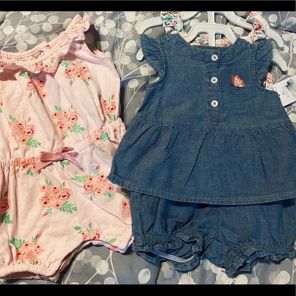 Brand New Chambray 3pc Set  Tiny Bouquet Romper 330